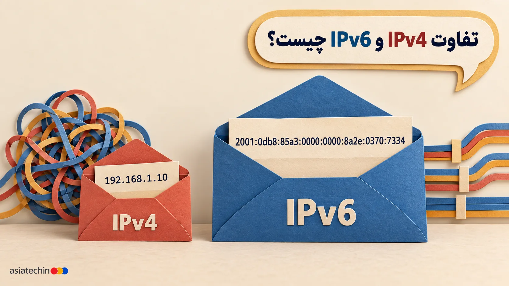تصویر کاغذی مقایسه IPv4 و IPv6؛ پاکت کوچک IPv4 با کابلهای درهم در کنار پاکت بزرگ IPv6 با کابلهای منظم و نشانی طولانی.